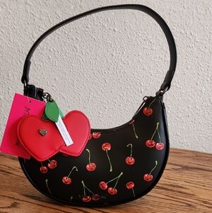 Betsey Johnson XONorthy Black Crescent Shoulder Bag with Cherry Print and Charm